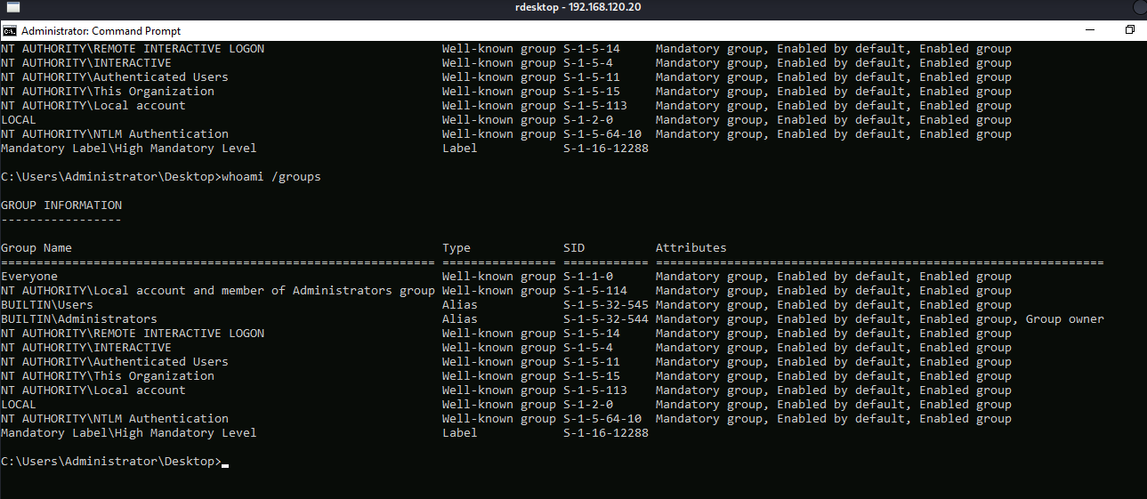 whoami /groups showing BUILTIN\Administrators